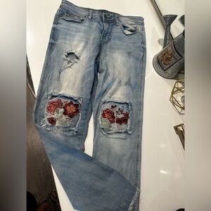 Vanilla Star Light Blue Distressed Jeans with Red Floral Embroidery